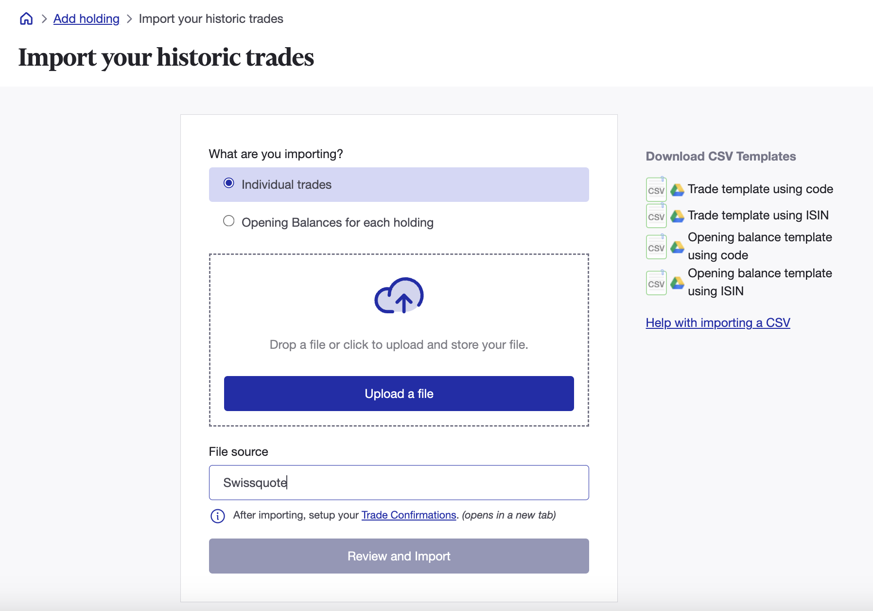 Upload historic trades Sharesight Swissquote