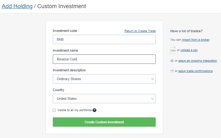Tracking crypto custom investments