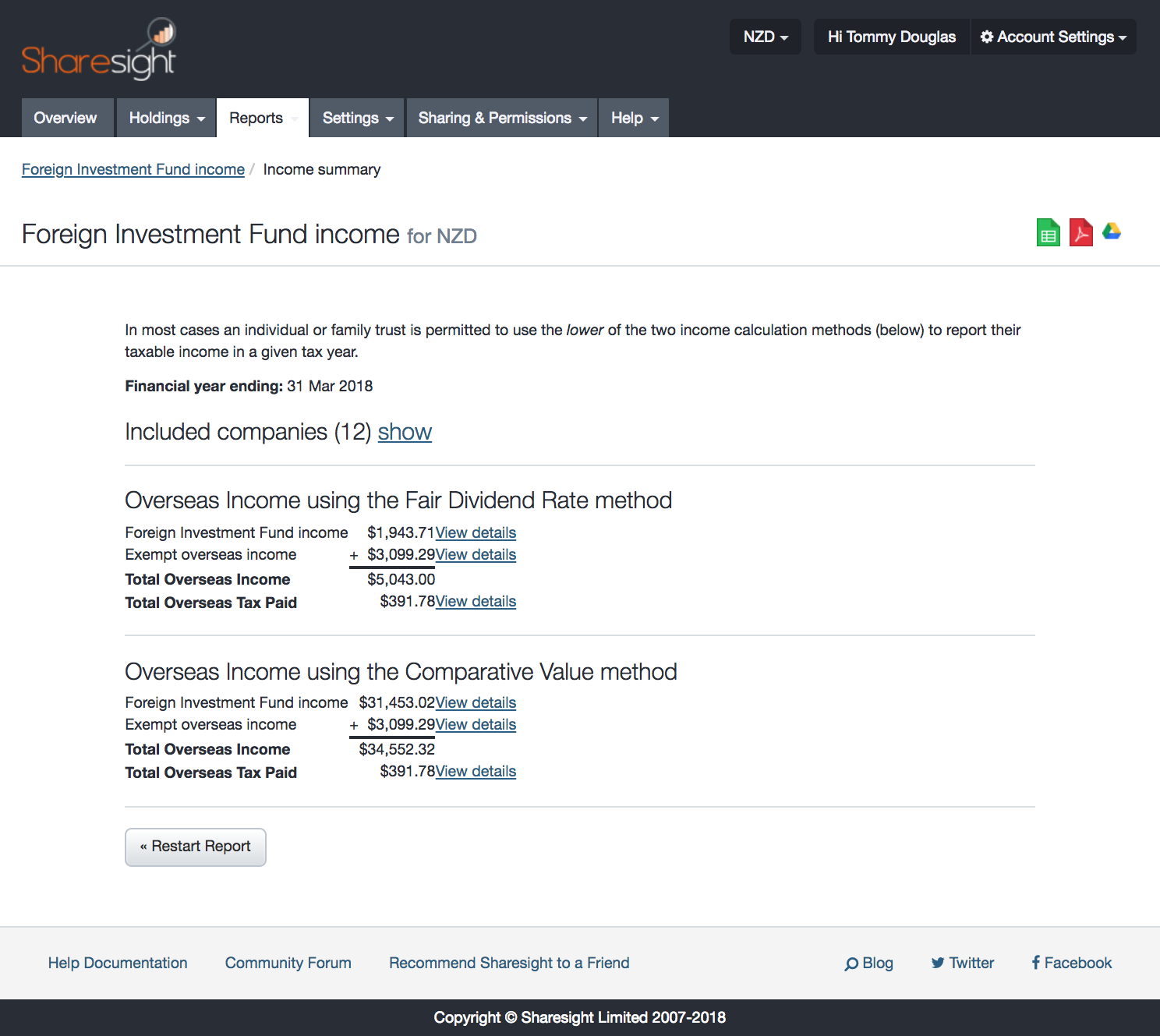 screenshot - Sharesight FIF Report - calculated