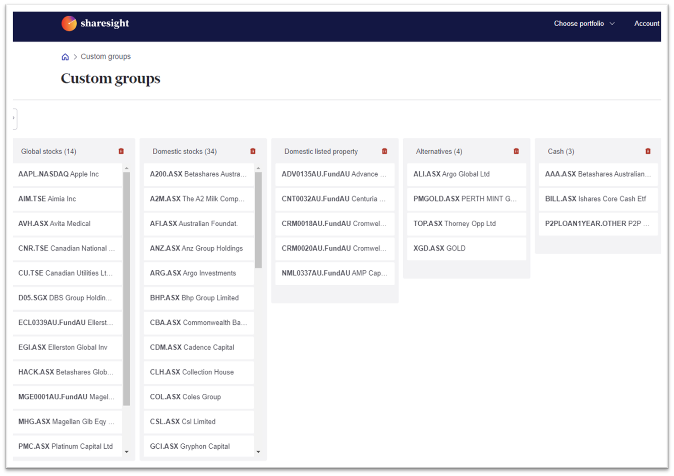 custom groups Sharesight