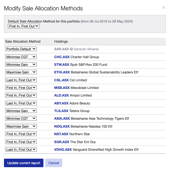 Changing sale allocation methods_Sharesight unrealised CGT report