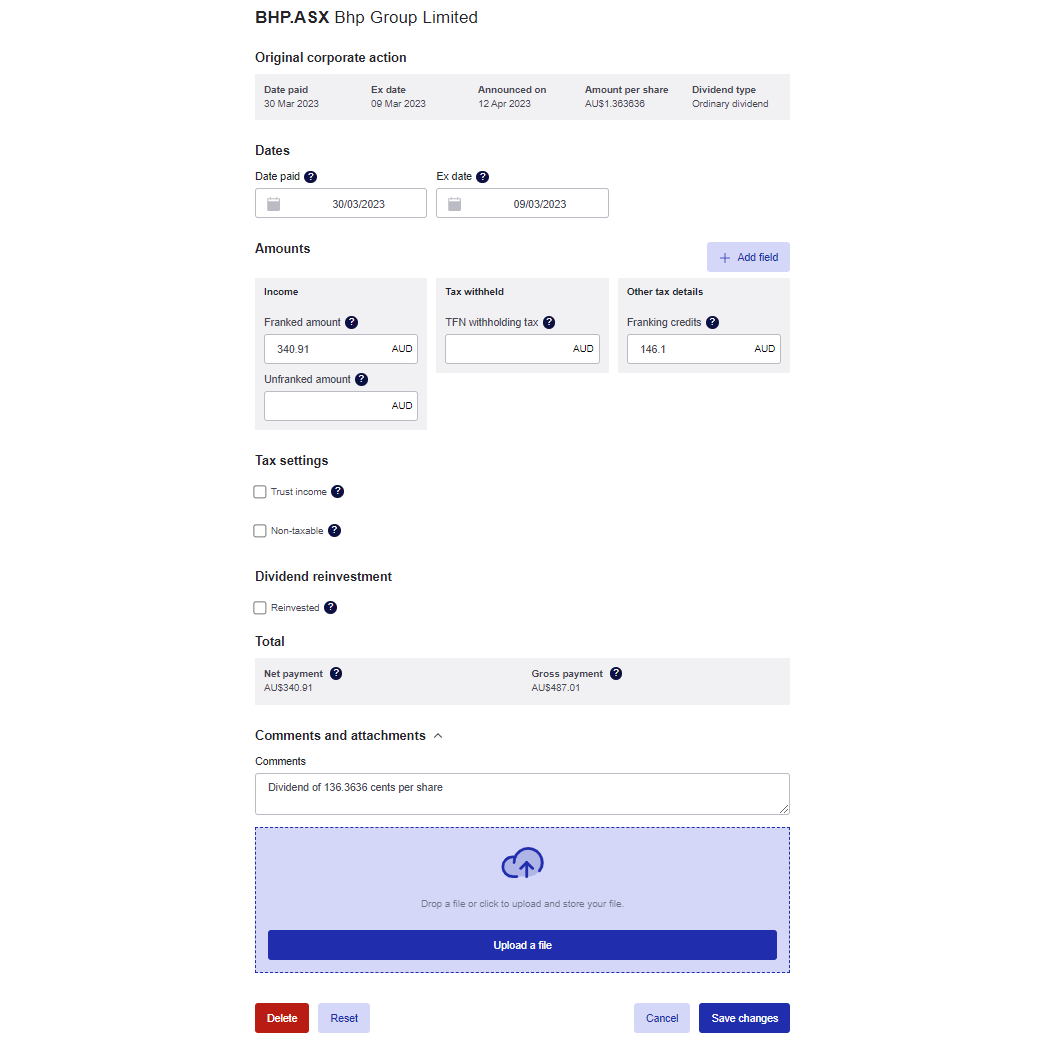 Edit dividend payment Sharesight