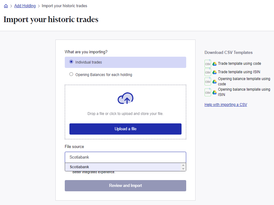 Import Scotiabank trades to Sharesight via csv