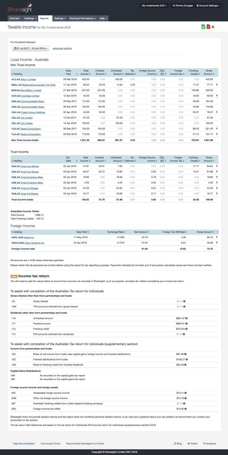 screenshot - Taxable Income Report