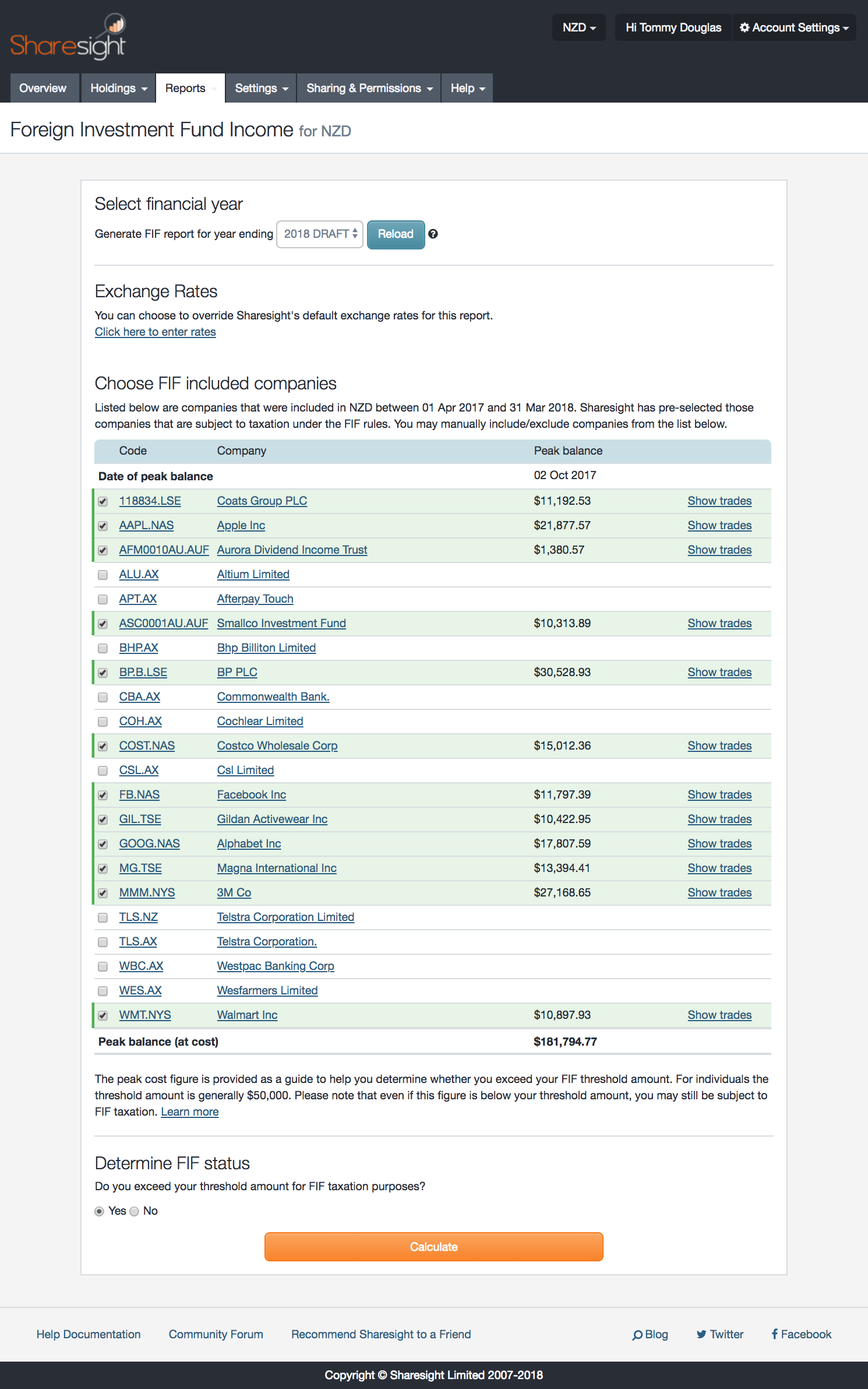 screenshot - Sharesight FIF Report