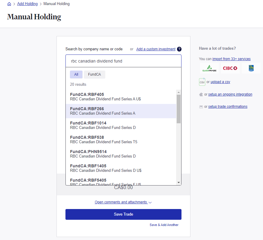 Track a Canadian mutual fund in Sharesight portfolio