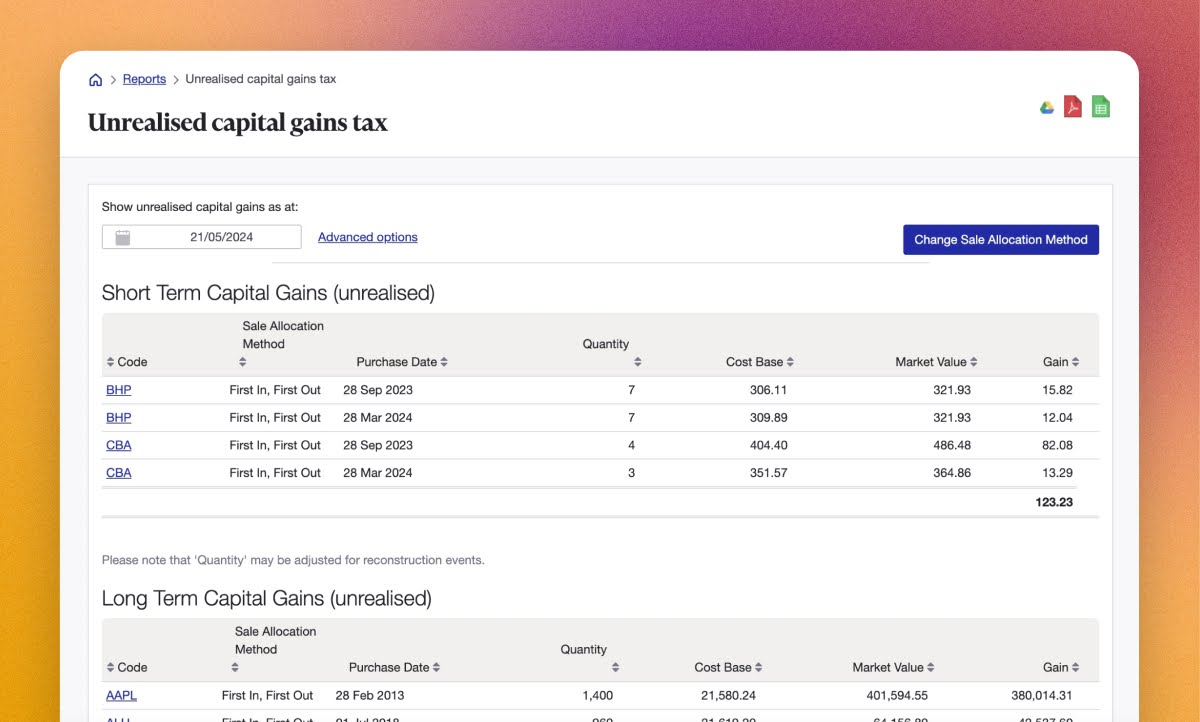 Unrealised capital gains tax report Sharesight