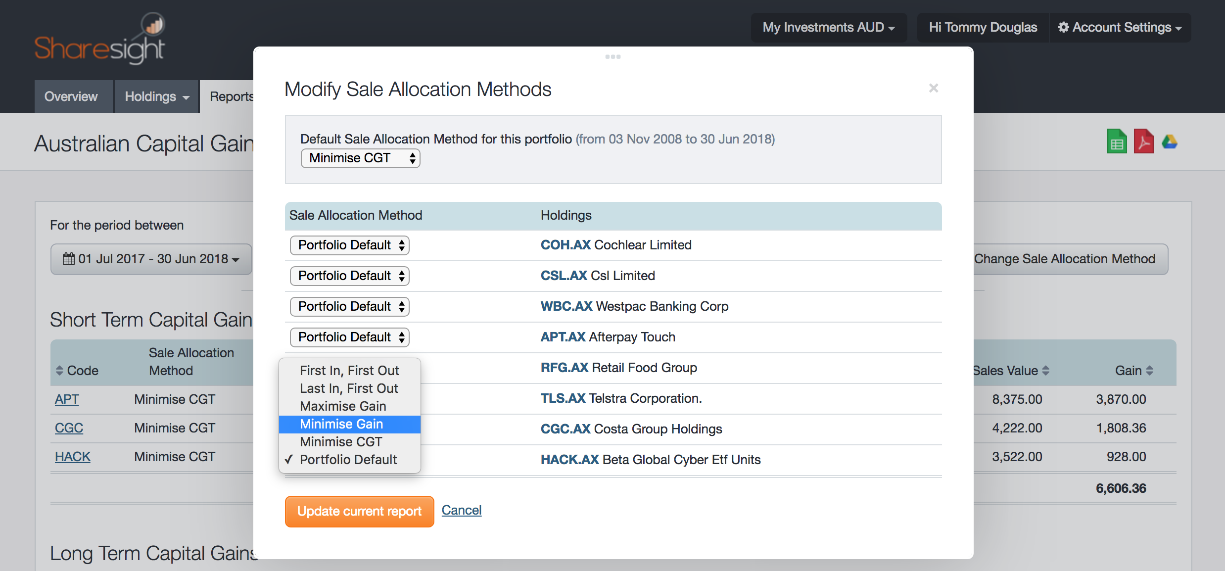 screenshot - Sharesight - Sale Allocation Methods