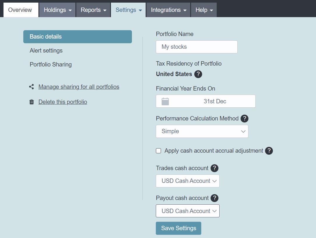 Sharesight cash account settings 2