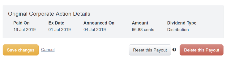 Reset distribution payout Sharesight ETF