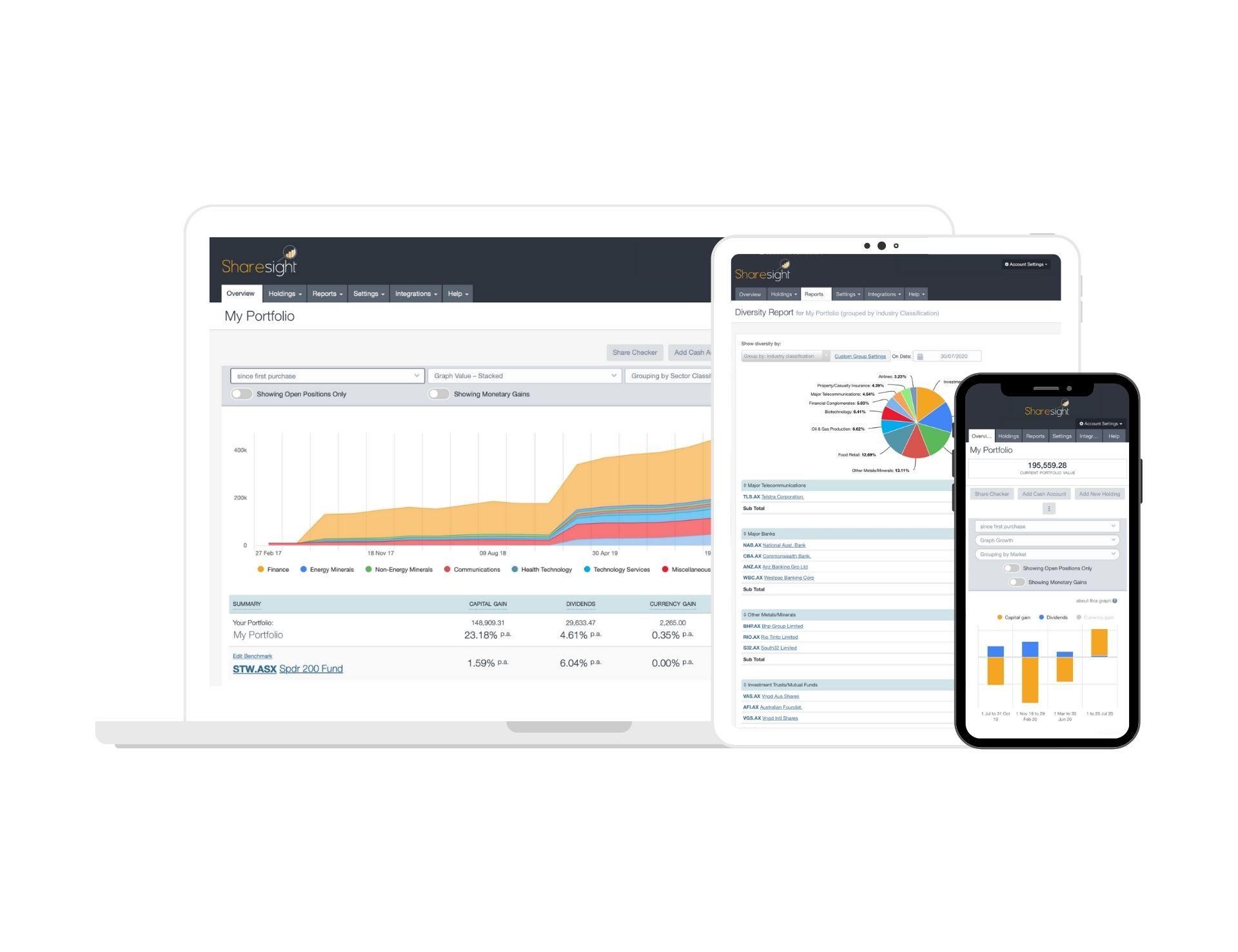 Sharesight portfolio tracker laptop and mobile Au version