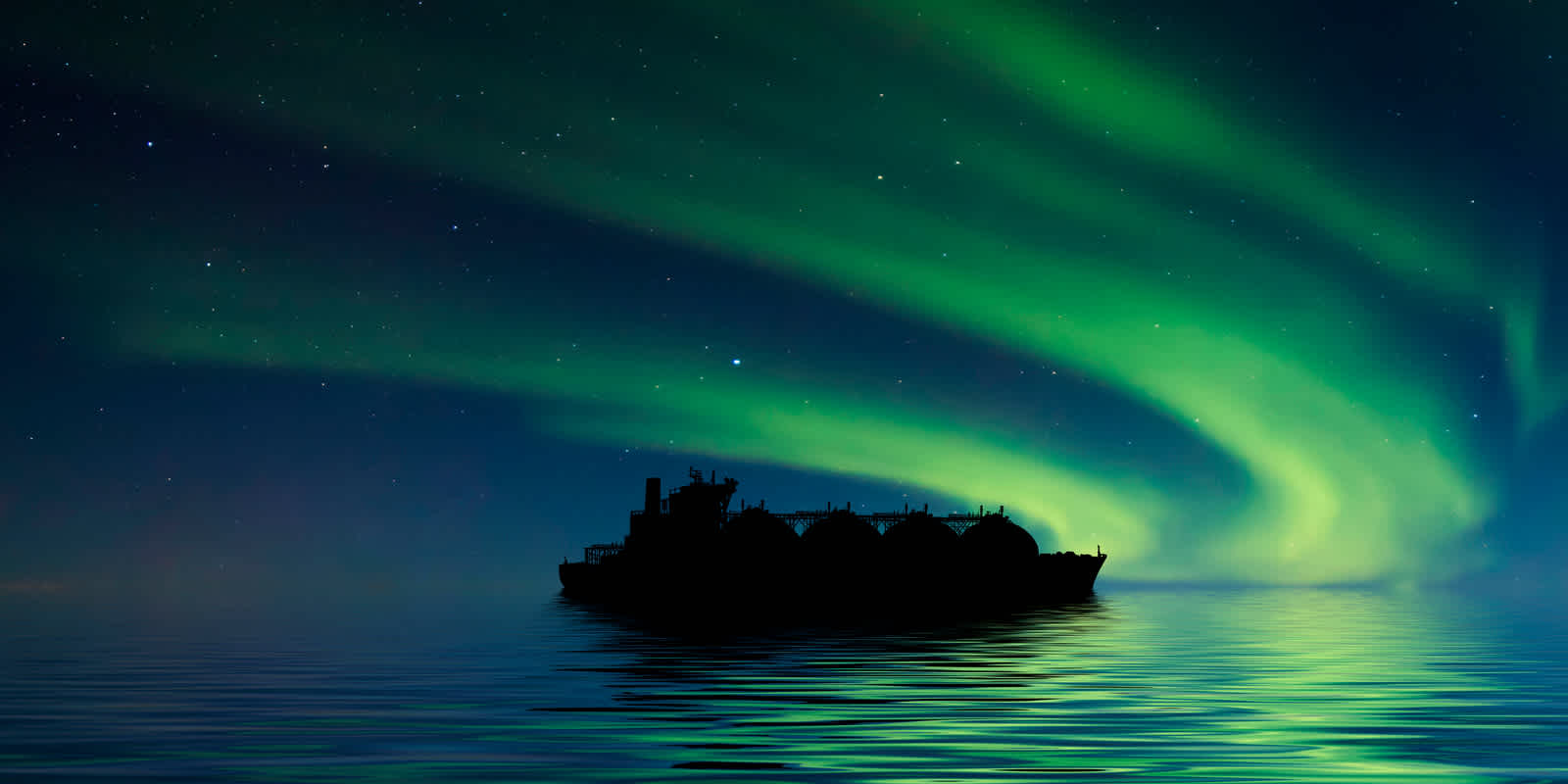 Liquefied Natural Gas tanker under the northern lights