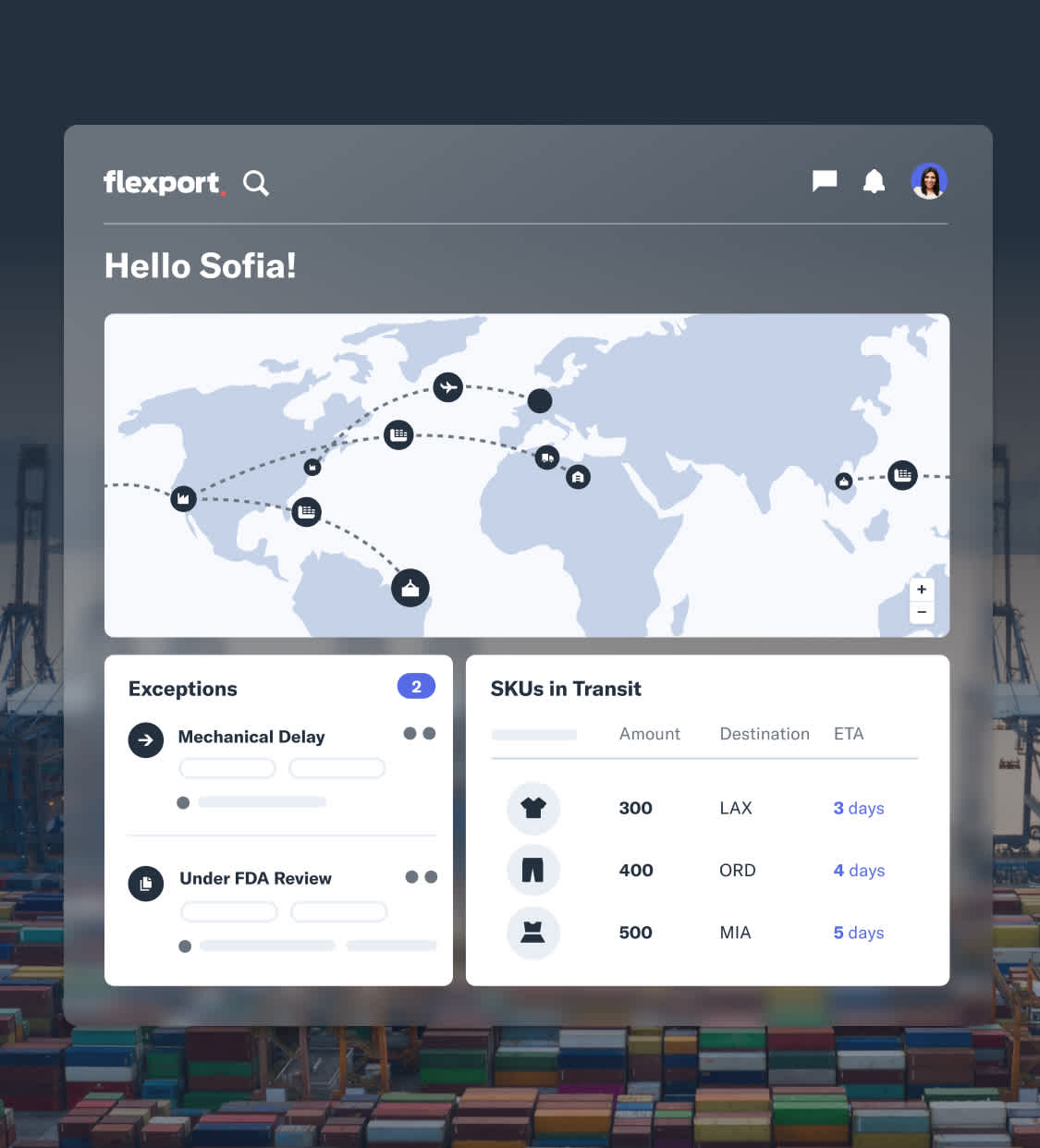 A Flexport platform product overlay on top of ships at a port