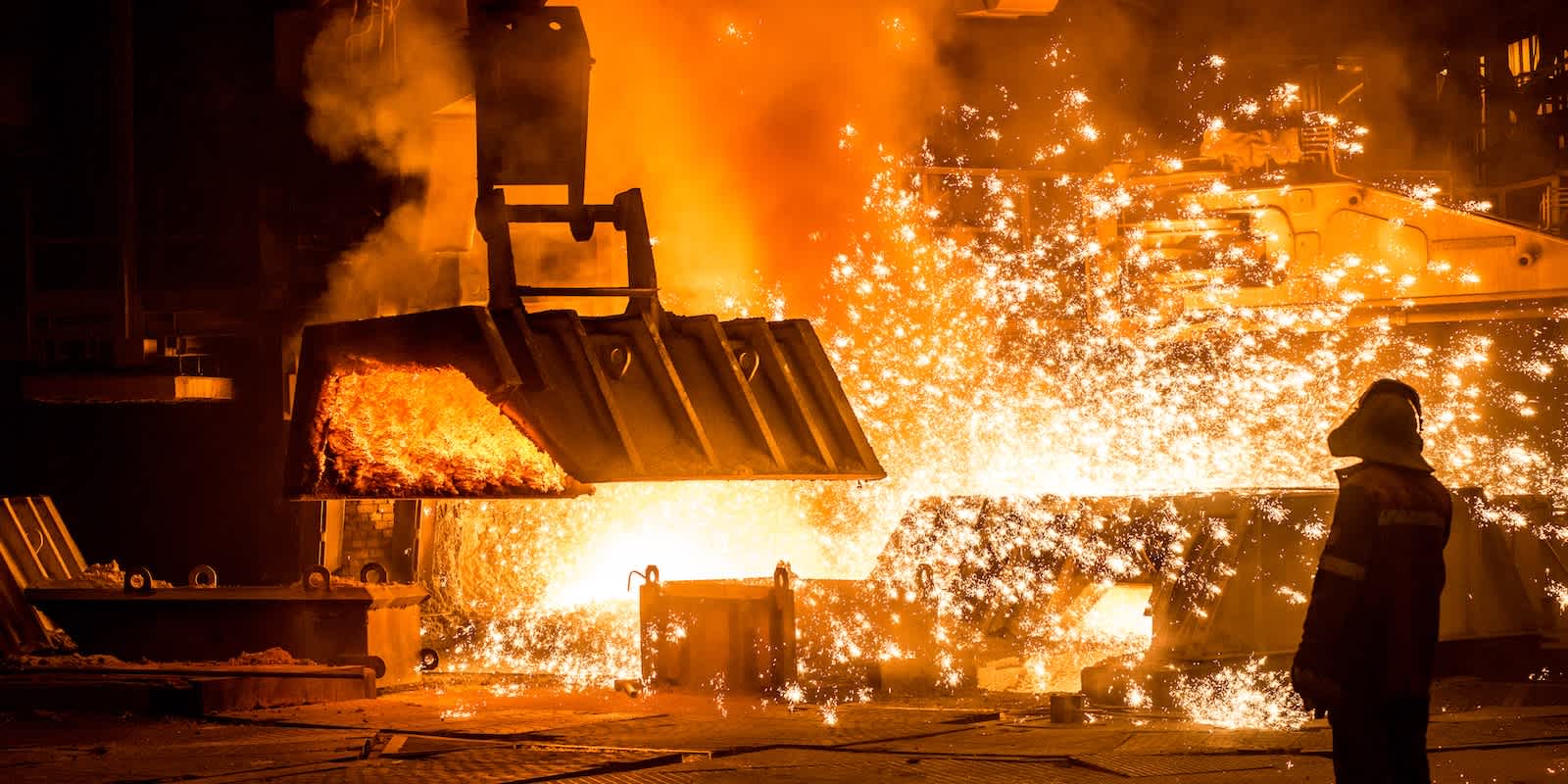 Steel being produced in a blast furnace foundry
