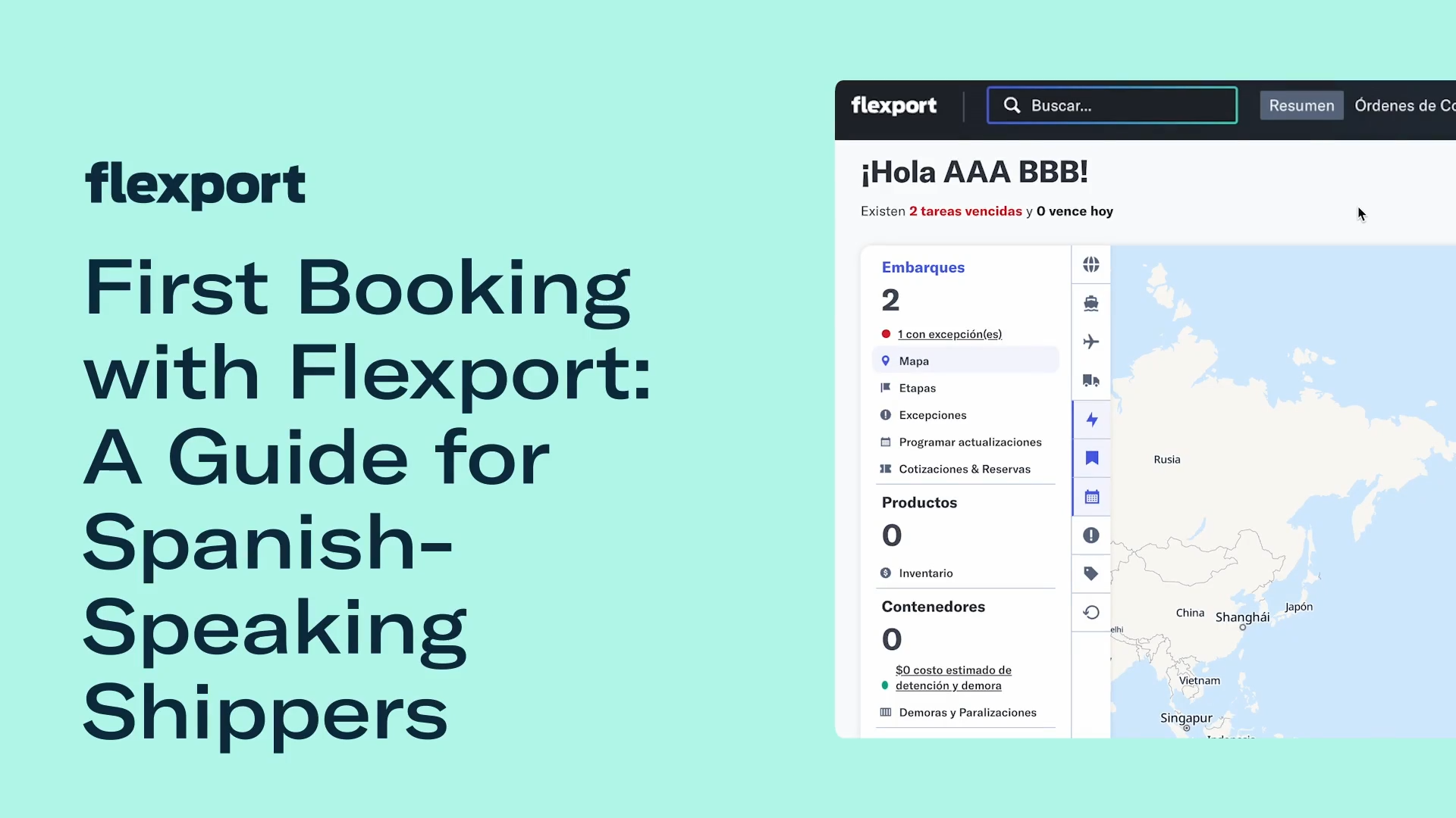 Flexport guide cover: "First Booking with Flexport: A Guide for Spanish-Speaking Shippers" with a Spanish-language dashboard preview showing shipment tracking on a map of Asia.