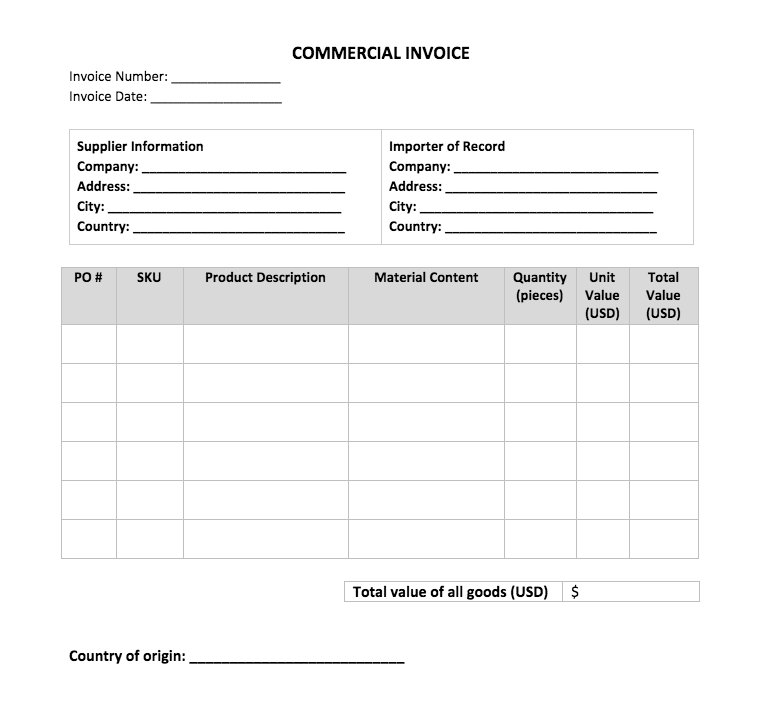 international shipping commercial invoice template