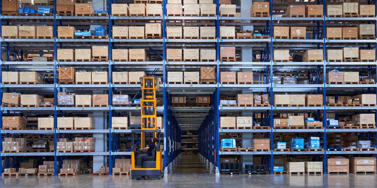 Palletized freight stored in a warehouse