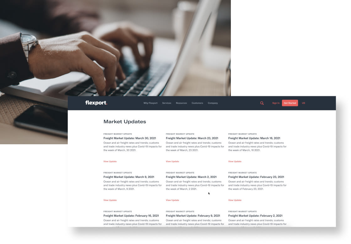 Above is a .jpeg image of a man reading weekly freight market updates on the Flexport website.