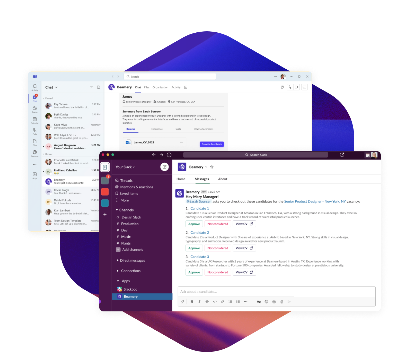 Screenshot - Beamery messaging in Teams and Slack