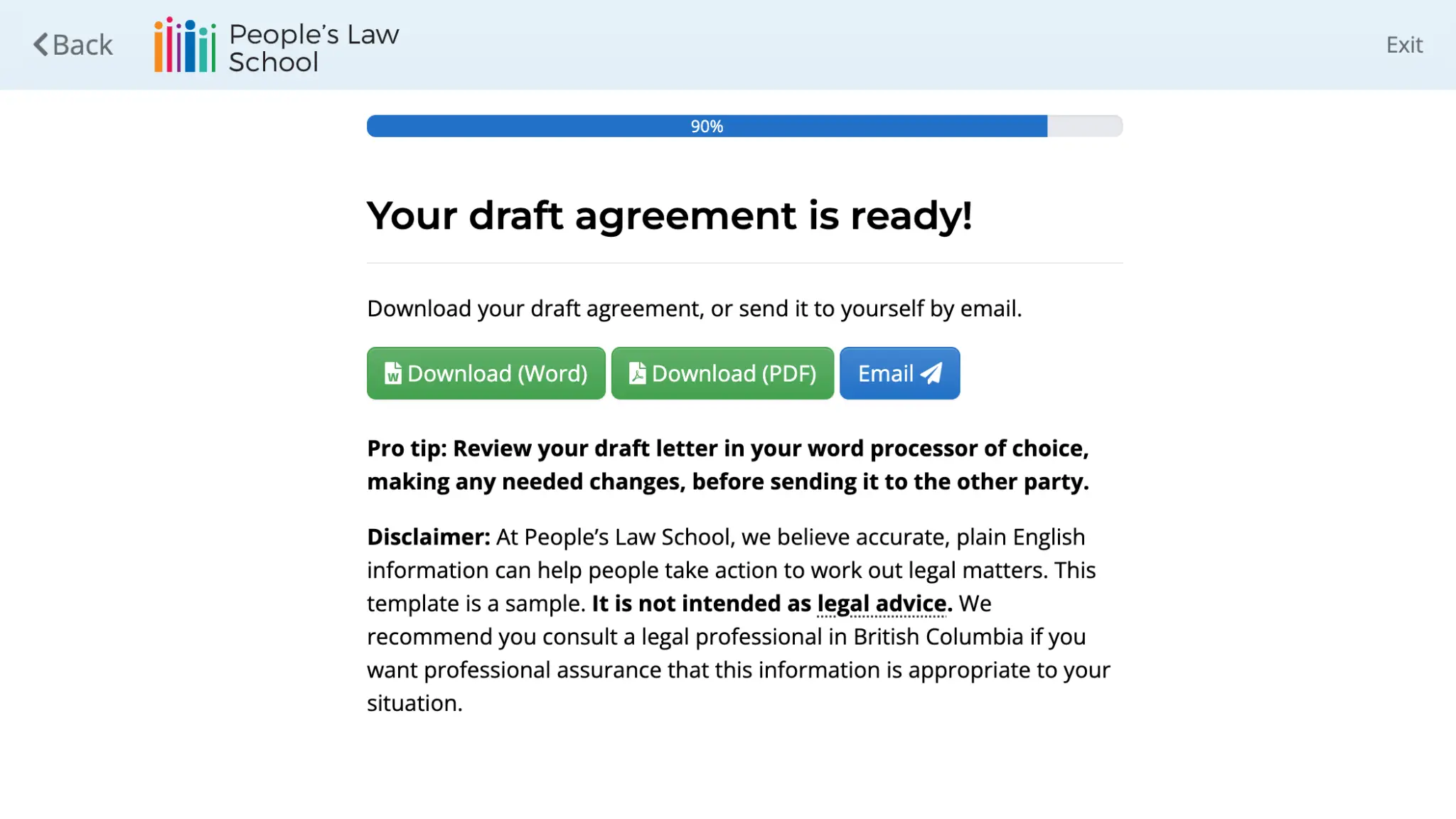 Screenshot showing People's Law School DocuMoose project for creating draft car sale agreements