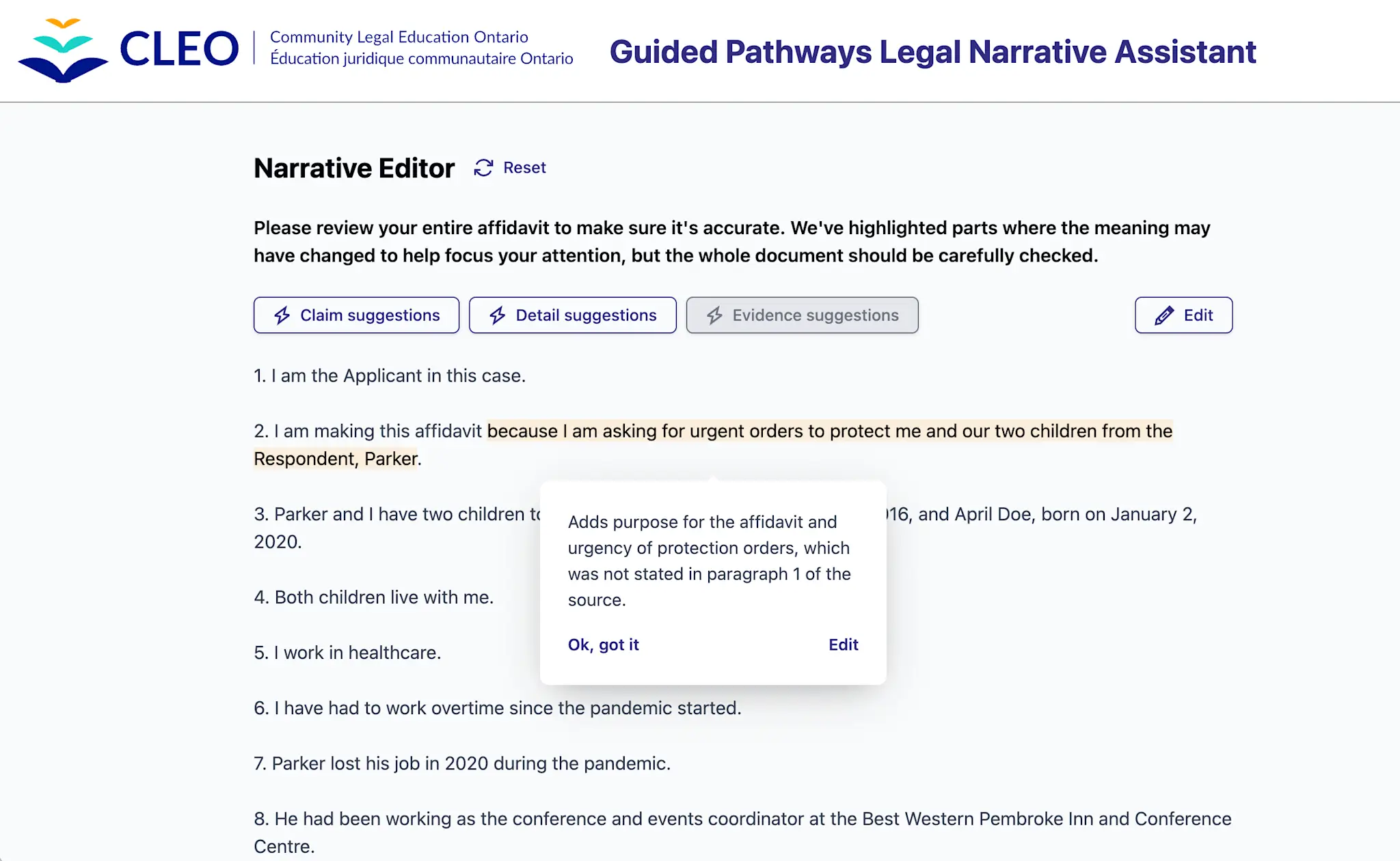 Screenshot of CLEO's narrative assistant with the highlight changes feature shown