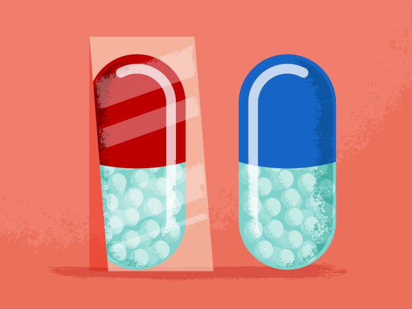 An illustration of a brand-name medication looking at itself in the mirror and seeing a generic medication reflected back.