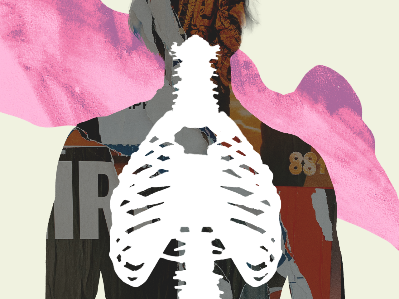 An illustrative collage showing a silhouette of lungs