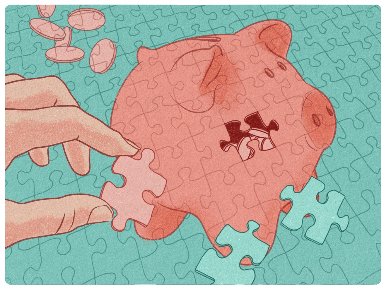 An illustration of a puzzle featuring a piggy bank