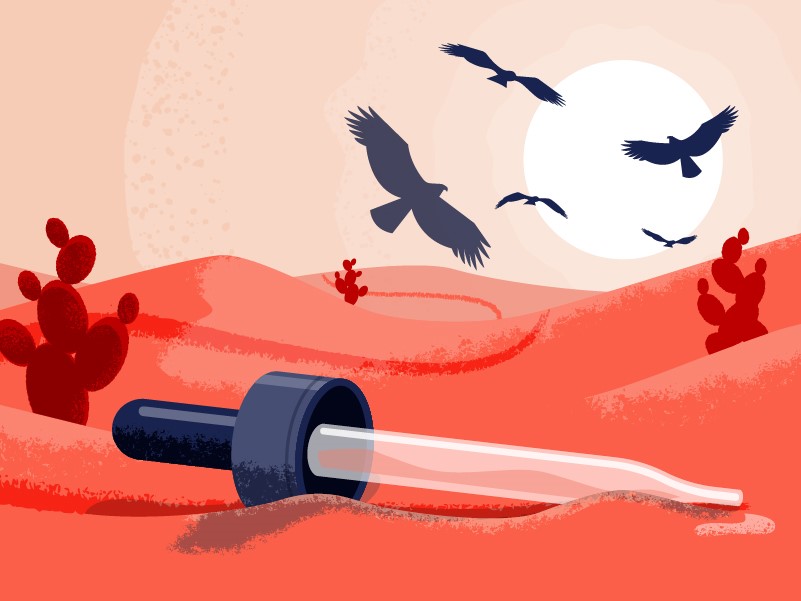 An illustration of a medication dropper left behind in a desert.