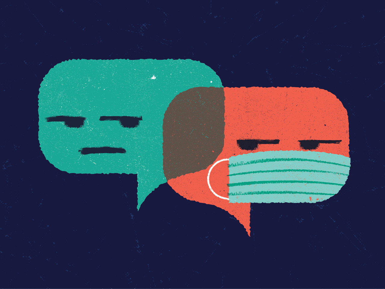 An illustration of two conversation bubbles — one with a protective mask and one without.