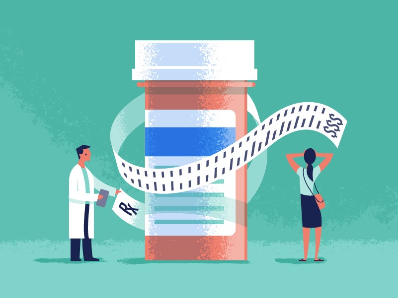 An illustration of a prescription bottle and bill getting in the way of a doctor and patient.