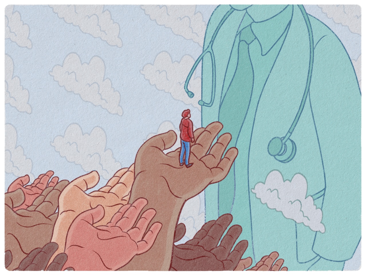 An illustration of a person receiving help with their healthcare by being lifted up on the hands of others.