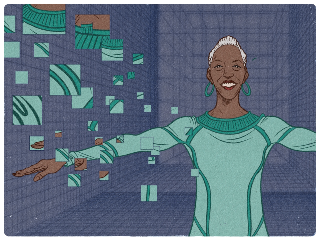 An illustration of a woman in a futuristic setting with her arms stretched out