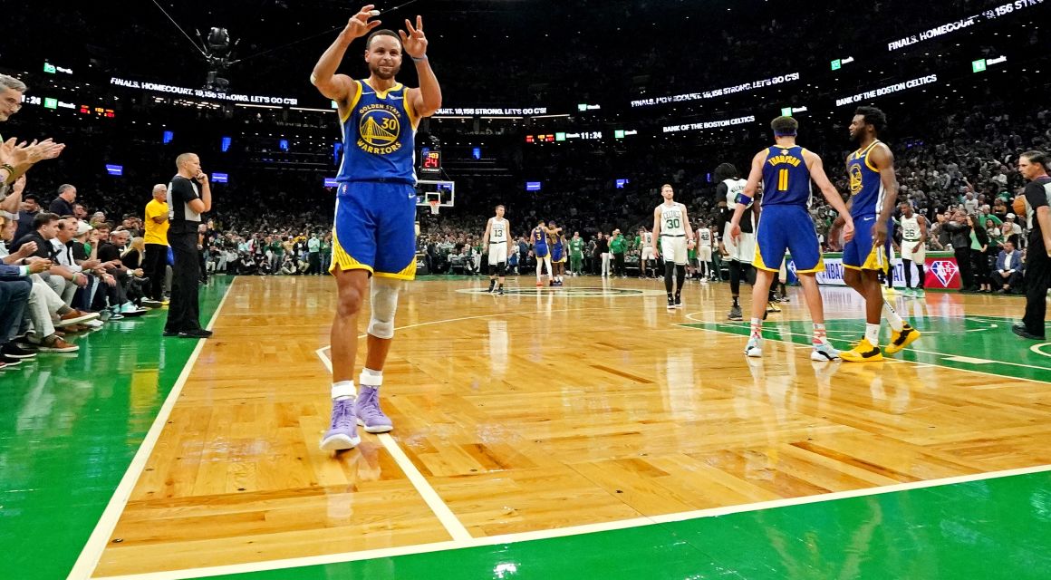Golden State Warriors guard Stephen Curry (30) celebrates after beating the Boston Celtics in game six of the 2022 NBA Finals to win the NBA Championship at TD Garden. Mandatory Credit: Kyle Terada-USA TODAY Sports.