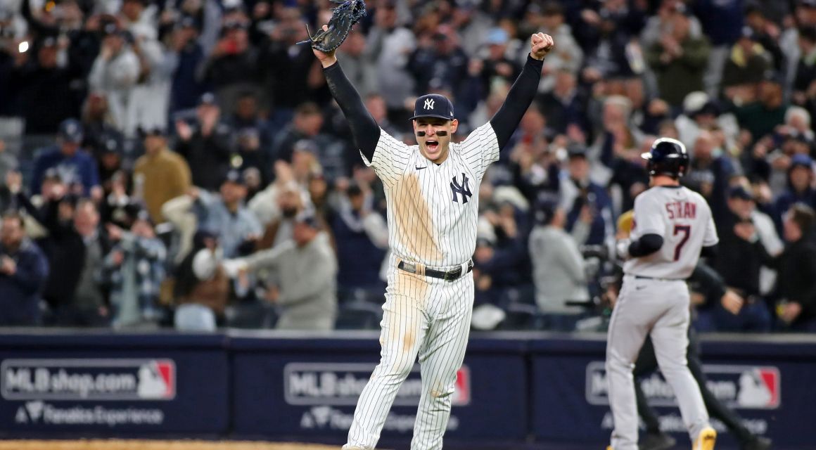 New York Yankees first baseman Anthony Rizzo (48) reacts after the final out of the game against the Cleveland Guardians during the ninth inning in game five of the ALDS