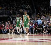 Boston Celtics forward Jayson Tatum (0) reacts after making a long three point shot against the Atlanta Hawks during the second half during game four of the 2023 NBA playoffs at State Farm Arena.