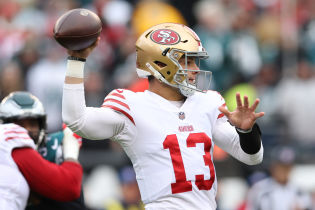 San Francisco 49ers quarterback Brock Purdy (13) throws a pass against the Philadelphia Eagles during the first quarter in the NFC Championship game at Lincoln Financial Field.