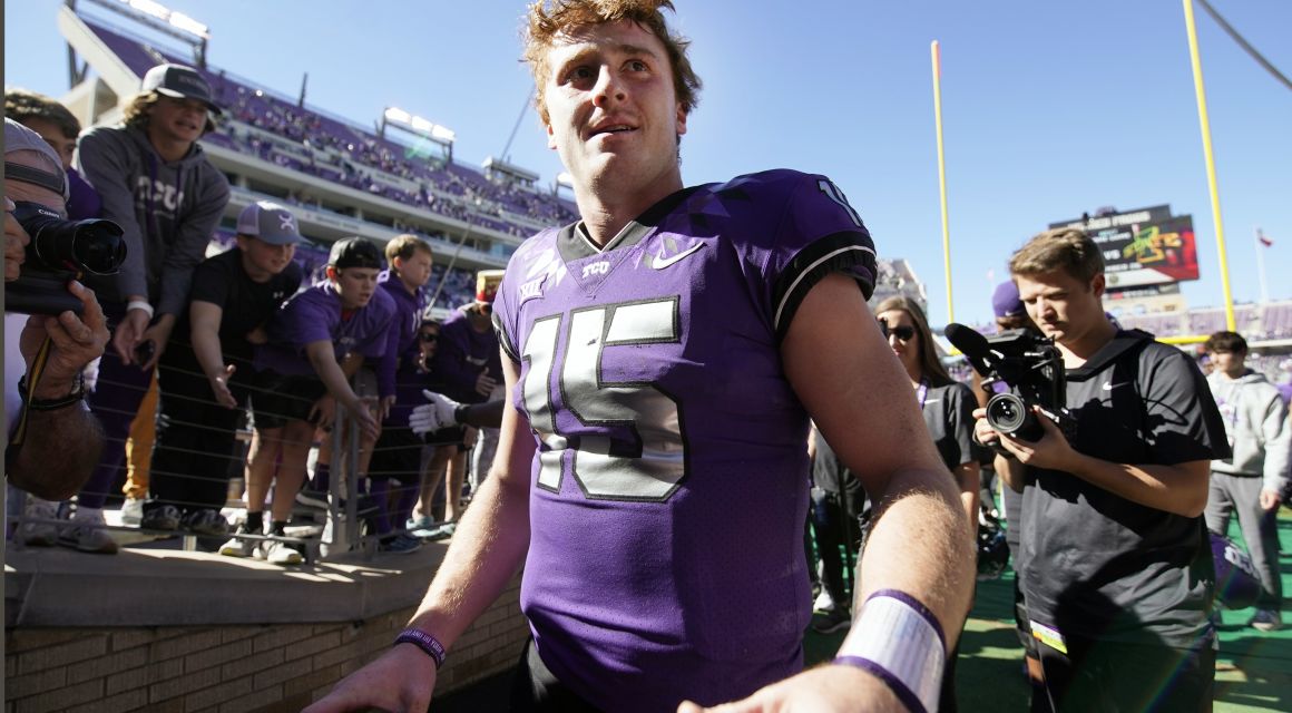 Nov 5, 2022; Fort Worth, Texas, USA; TCU Horned Frogs quarterback Max Duggan (15) leaves the field following a game against the Texas Tech Red Raiders at Amon G. Carter Stadium. Mandatory Credit: Raymond Carlin III-USA TODAY Sports