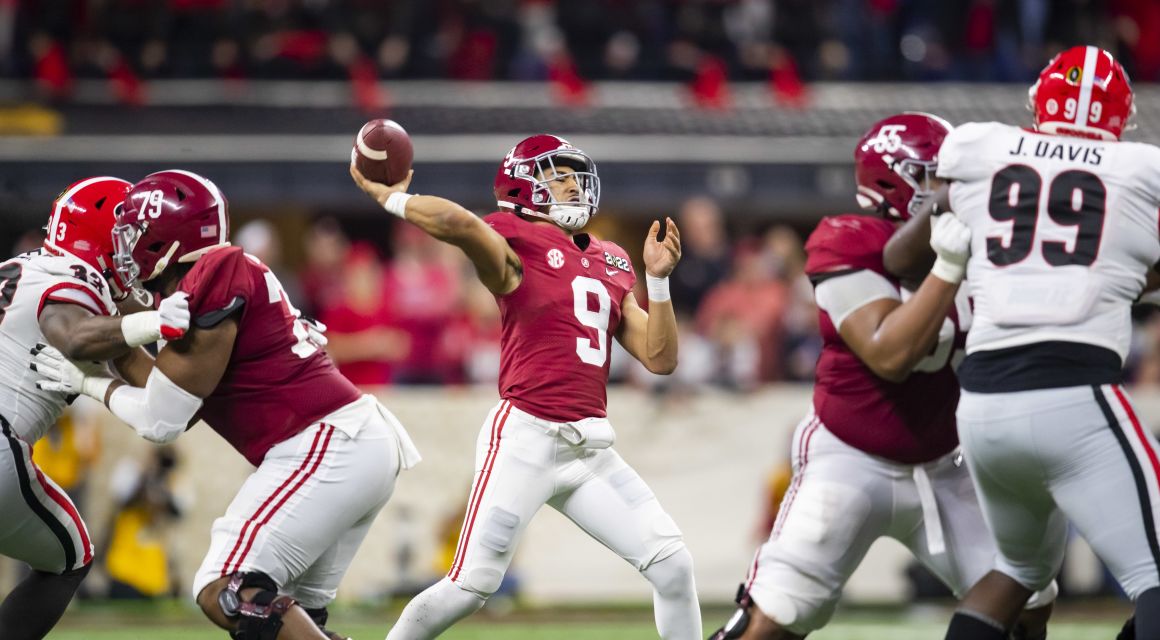 Alabama Crimson Tide quarterback Bryce Young (9) against the Georgia Bulldogs in the 2022 CFP college football national championship game at Lucas Oil Stadium. Mandatory Credit: Mark J. Rebilas-USA TODAY Sports.