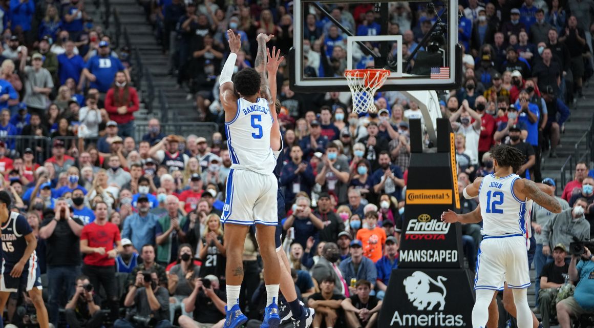 Blue Devils forward Paolo Banchero (5) shoots during the first half against the Gonzaga Bulldogs at T-Mobile Arena. / Stephen R. Sylvanie-USA TODAY Sports