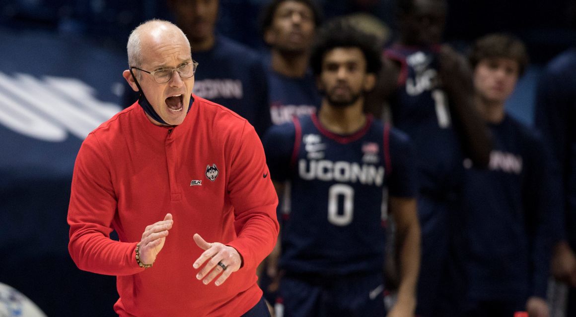 Connecticut Huskies head coach Dan Hurley yells for a stop in the second half of the NCAA men's basketball game between the Xavier Musketeers and the Connecticut Huskies on Saturday, Feb. 13, 2021, in Cincinnati. Connecticut At Xavier