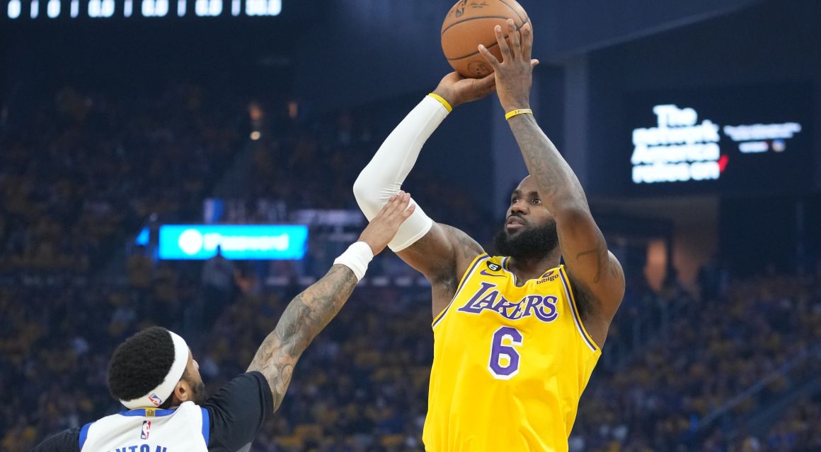 Los Angeles Lakers forward LeBron James (6) shoots the basketball against Golden State Warriors guard Gary Payton II (8) during the first quarter in game five of the 2023 NBA playoffs conference semifinals round at Chase Center.