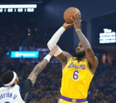 Los Angeles Lakers forward LeBron James (6) shoots the basketball against Golden State Warriors guard Gary Payton II (8) during the first quarter in game five of the 2023 NBA playoffs conference semifinals round at Chase Center.