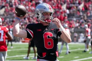 Ohio State Buckeyes quarterback Kyle McCord (6) warms up for the Ohio State Buckeyes spring game at Ohio Stadium on Saturday morning.