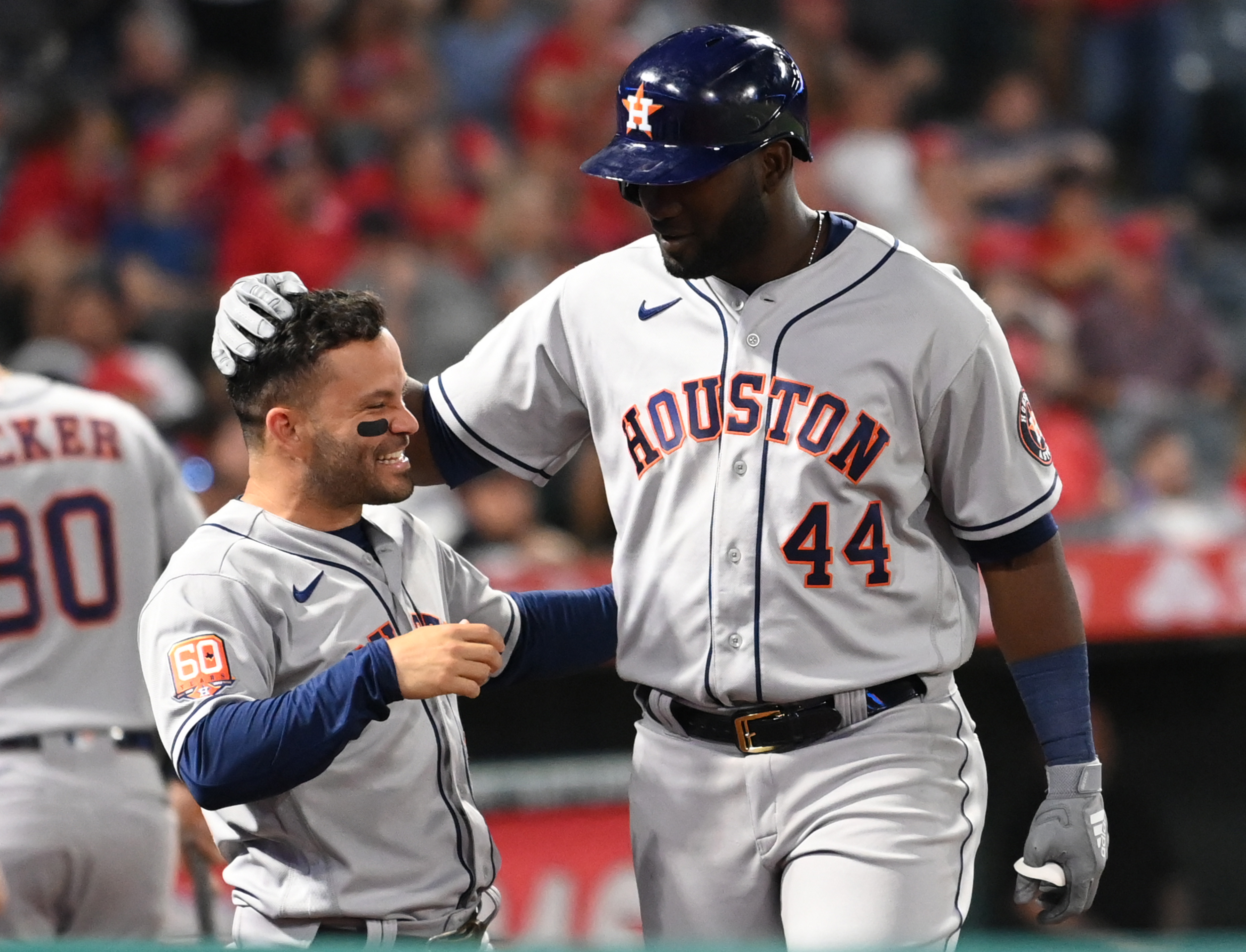 Houston Astros designated hitter Yordan Alvarez watches the pitch in