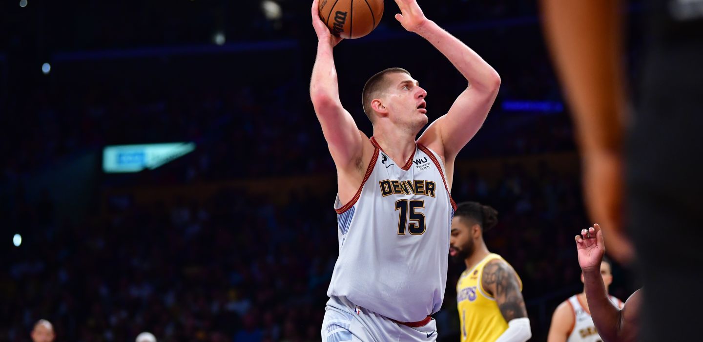 Denver Nuggets center Nikola Jokic (15) shoots the ball against the Los Angeles Lakers during the second quarter in game four of the Western Conference Finals for the 2023 NBA playoffs at Crypto.com Arena.