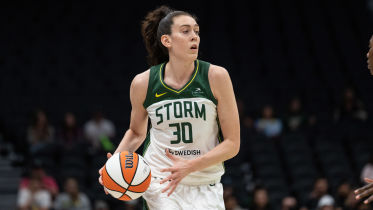 Seattle Storm forward Breanna Stewart (30) dribbles the ball against the New York Liberty at Climate Pledge Arena. Mandatory Credit: Stephen Brashear-USA TODAY Sports.