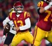 Southern California Trojans quarterback Caleb Williams (13) throws against the Colorado Buffaloes during the first half at the Los Angeles Memorial Coliseum.