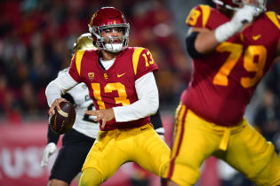 Southern California Trojans quarterback Caleb Williams (13) throws against the Colorado Buffaloes during the first half at the Los Angeles Memorial Coliseum.