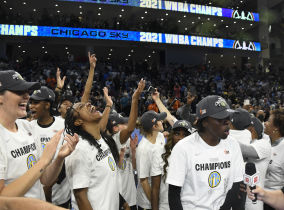 The Chicago Sky celebrate after they beat the Phoenix Mercury 80-74 in game four of the 2021 WNBA Finals at Wintrust Arena. Mandatory Credit: Matt Marton-USA TODAY Sports.